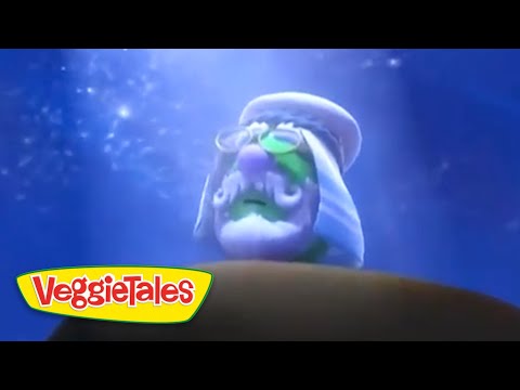 Underwater scene with a VeggieTales character wearing a blue hood and green face, foregrounded against a blue background; VeggieTales logo visible in the corner.