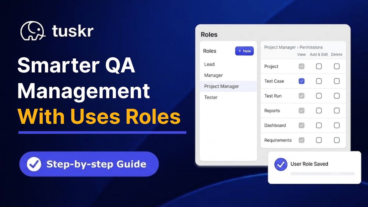 Tuskr test management platform video preview showing QA workflows, dashboards, test cases, and reporting features