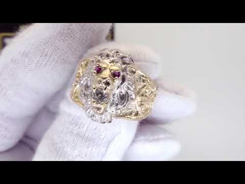 CZ Lion Head Mens Ring 10K Yellow Gold