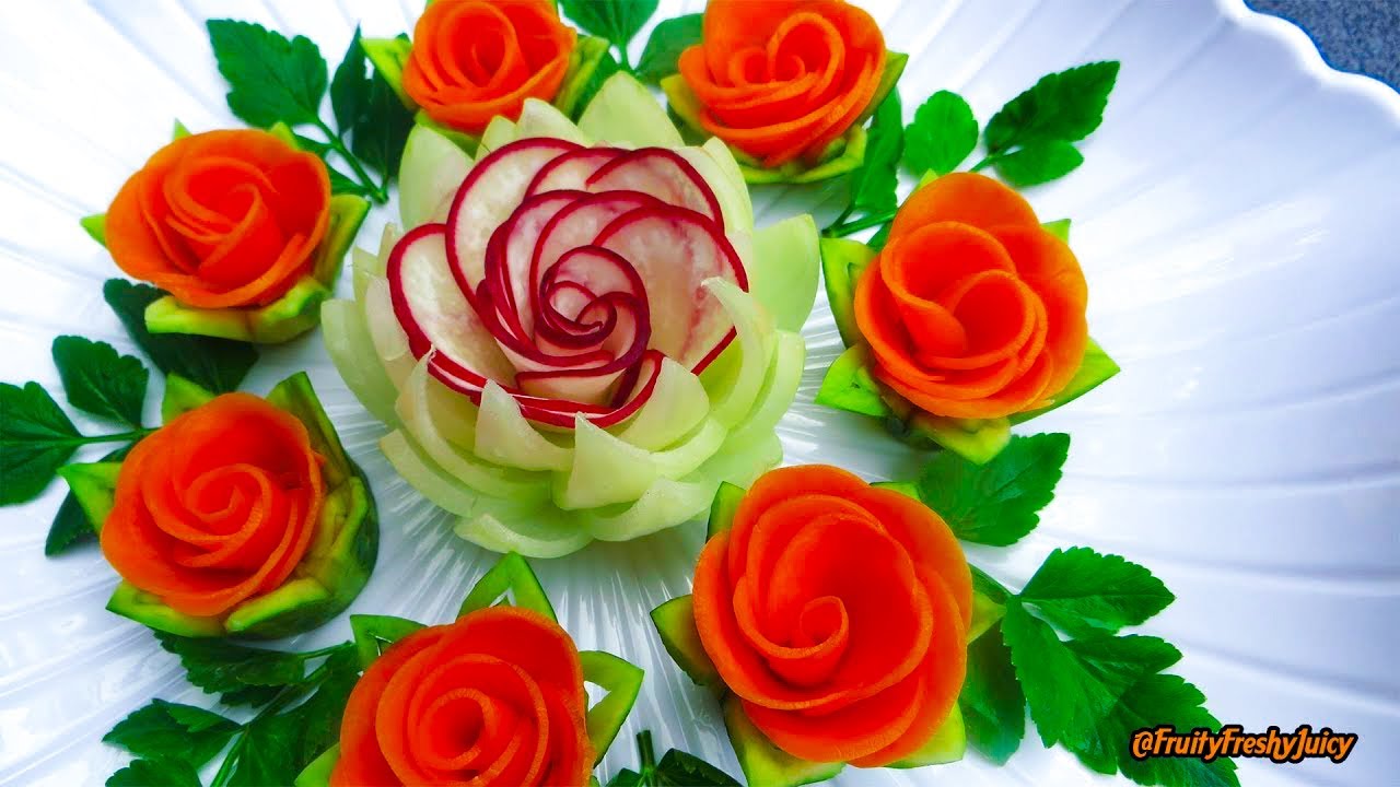Attractive Garnish of Radish & Carrot Rose Flowers