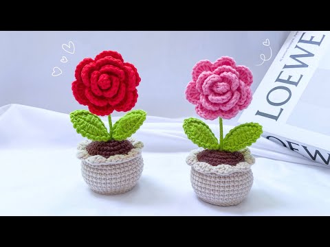 🌹Make a Beautiful ROSE POT with EASY Crochet Flowers 💕 Crochet for beginners