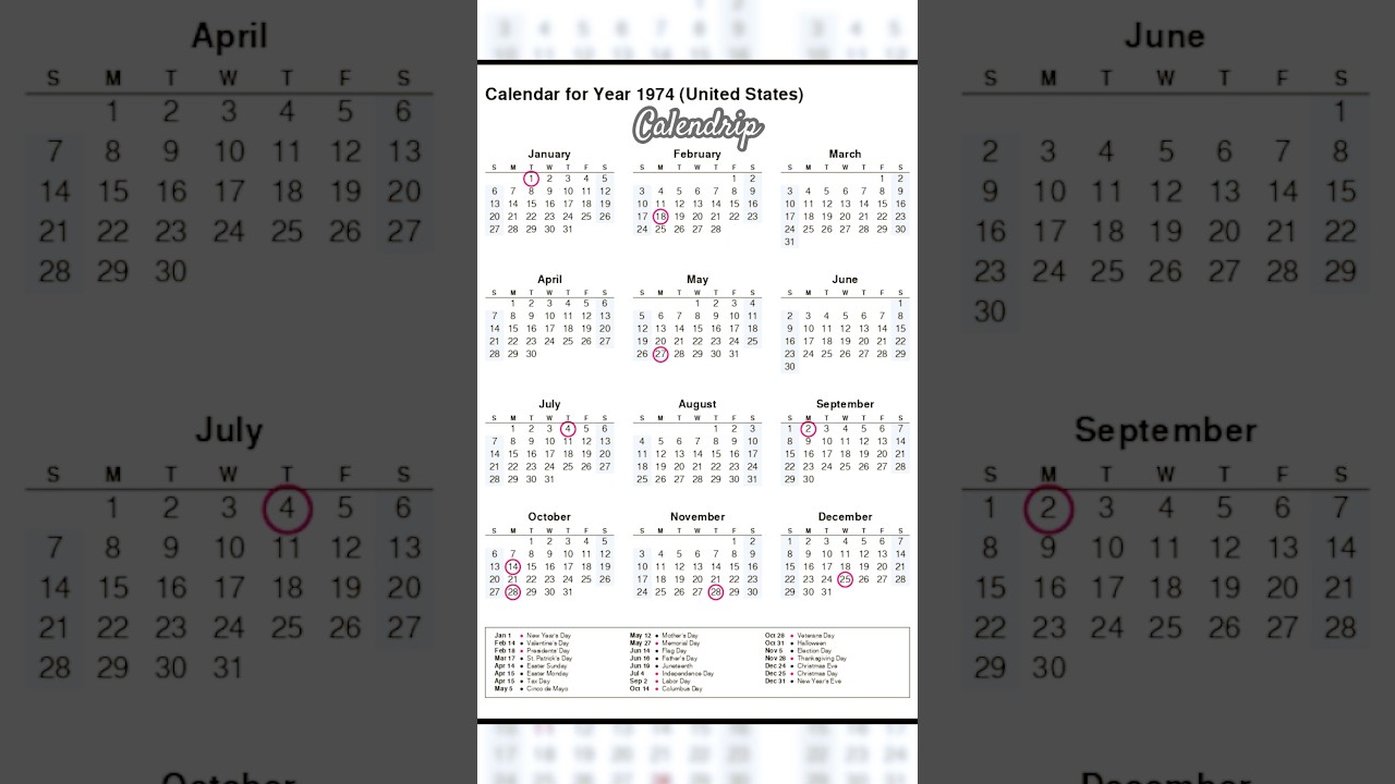 Calendar 1974 #monthsoftheyear