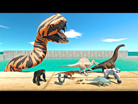Dinosaurs and Mutant Primates Falling Into Tiger Mamba Tank - Animal Revolt Battle Simulator