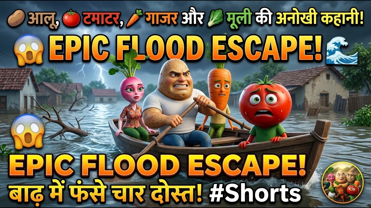 🥔 आलू, मूली, टमाटर और गाजर की अनोखी कहानी 😱🌊 | बाढ़ में फंसे चार दोस्त | AI Animation #Shorts