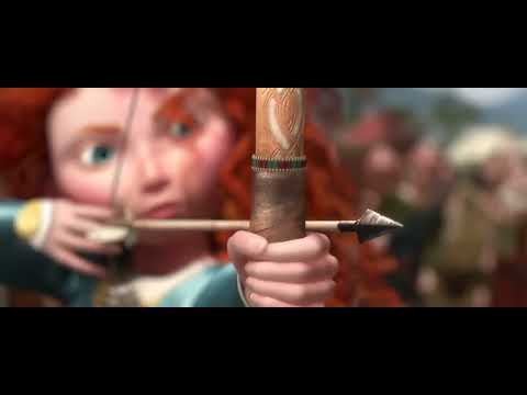 Brave trailer frame: Merida at the archery tournament, bow drawn