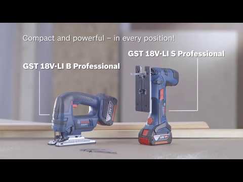 Akumuliatorinis siaurapjūklis Bosch GST 18 V-LI B be akumuliatoriaus ir kroviklio, kartoninė pakuotė video