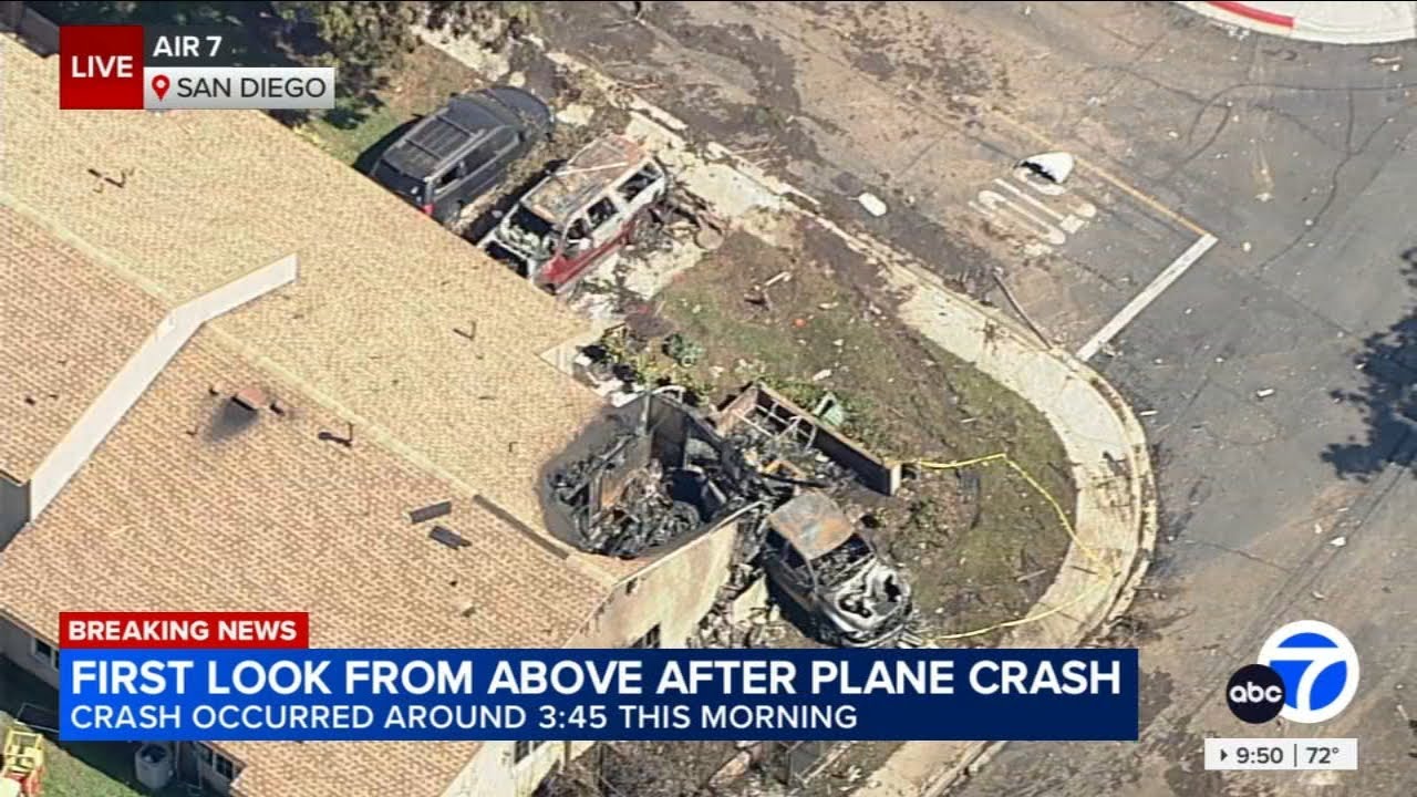 First aerial view of destruction after plane crashes in San Diego neighborhood, killing several