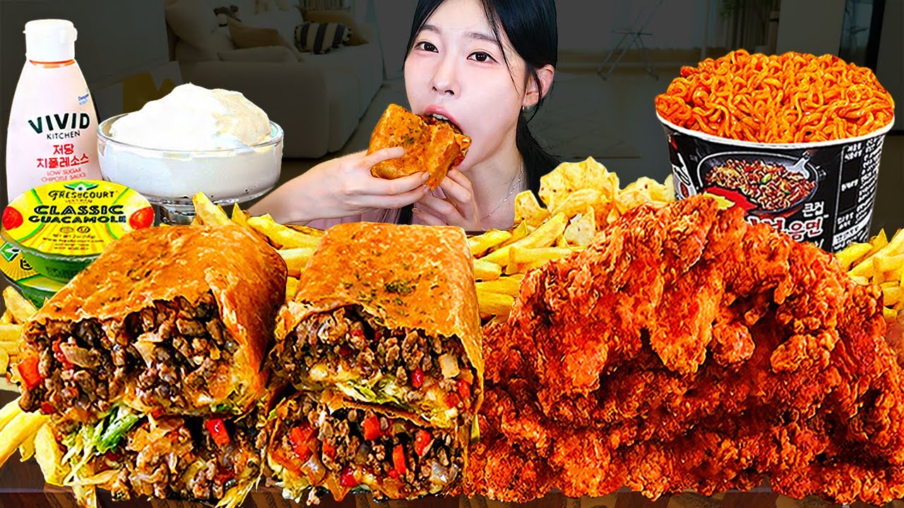 ASMR MUKBANG| 직접 만든 튀긴 부리또 치미창가 양념치킨 불닭볶음면 먹방 & 레시피 GRILLED CHEESE BURRITO AND FRIED C