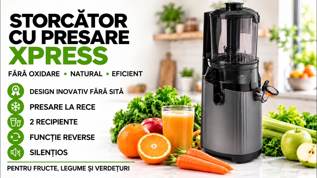 Storcător de fructe și legume, XPRESS, cu presare la rece, 180W, 2 recipiente incluse=