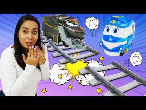 Spielzeug Kindergarten. Die Robot Trains bauen eine Bahnstrecke. Spielzeug Video auf Deutsch.