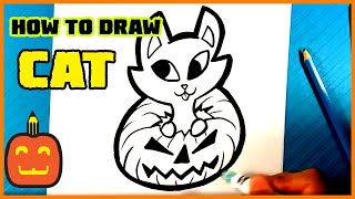 How to Draw a Cute CAT in PUMPKIN - Halloween Drawings