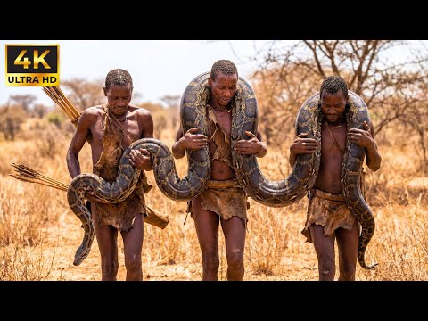 Sobrevivência Real na África: A Tribo Hadzabe Caça e Come uma Píton Gigante com Técnicas Ancestrais