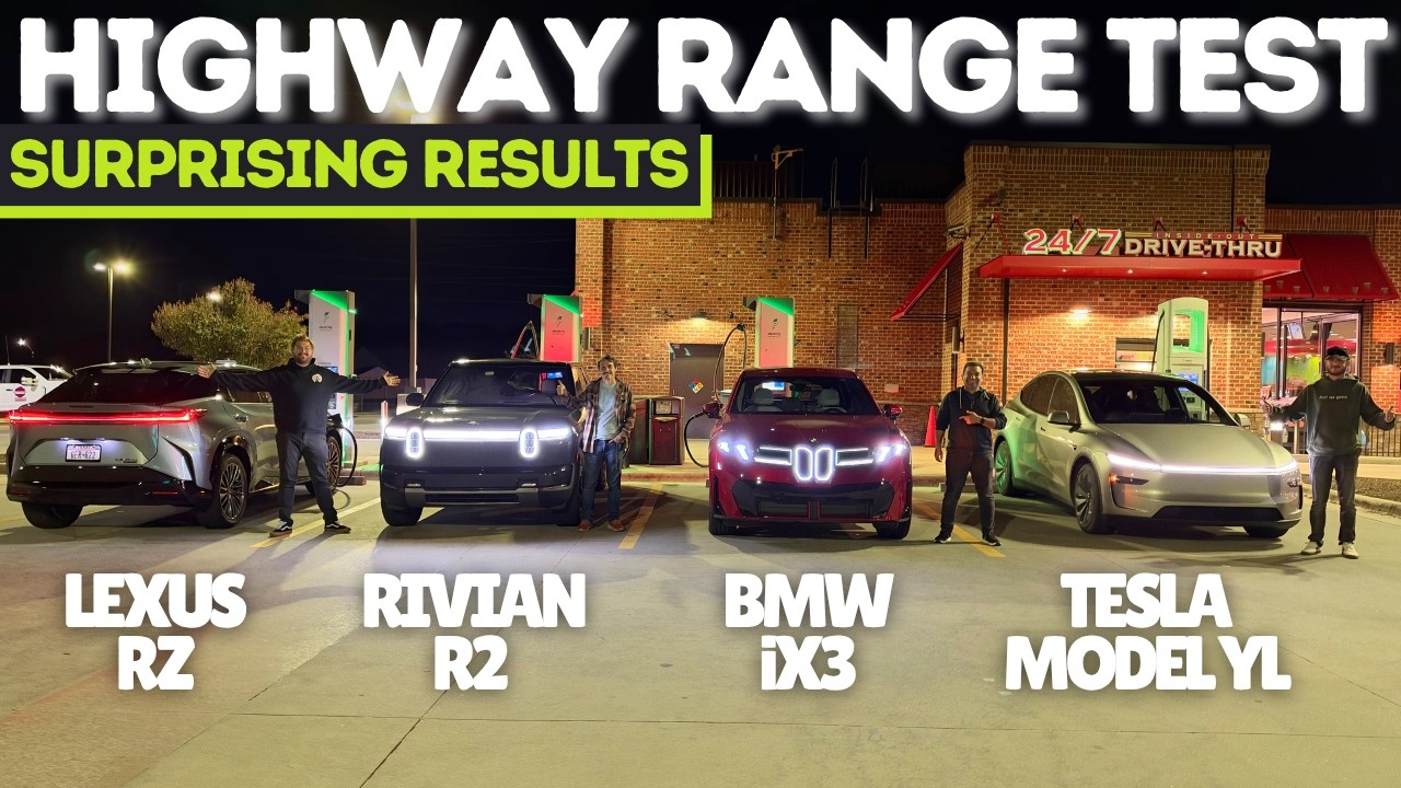 BMW iX3, Rivian R2, Tesla Model Y L and Lexus RZ electric SUVs in a highway range test
