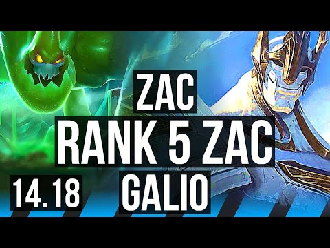 ZAC vs GALIO (MID) | Rank 5 Zac, 69% winrate, Legendary, 13/3/5 | NA Challenger | 14.18