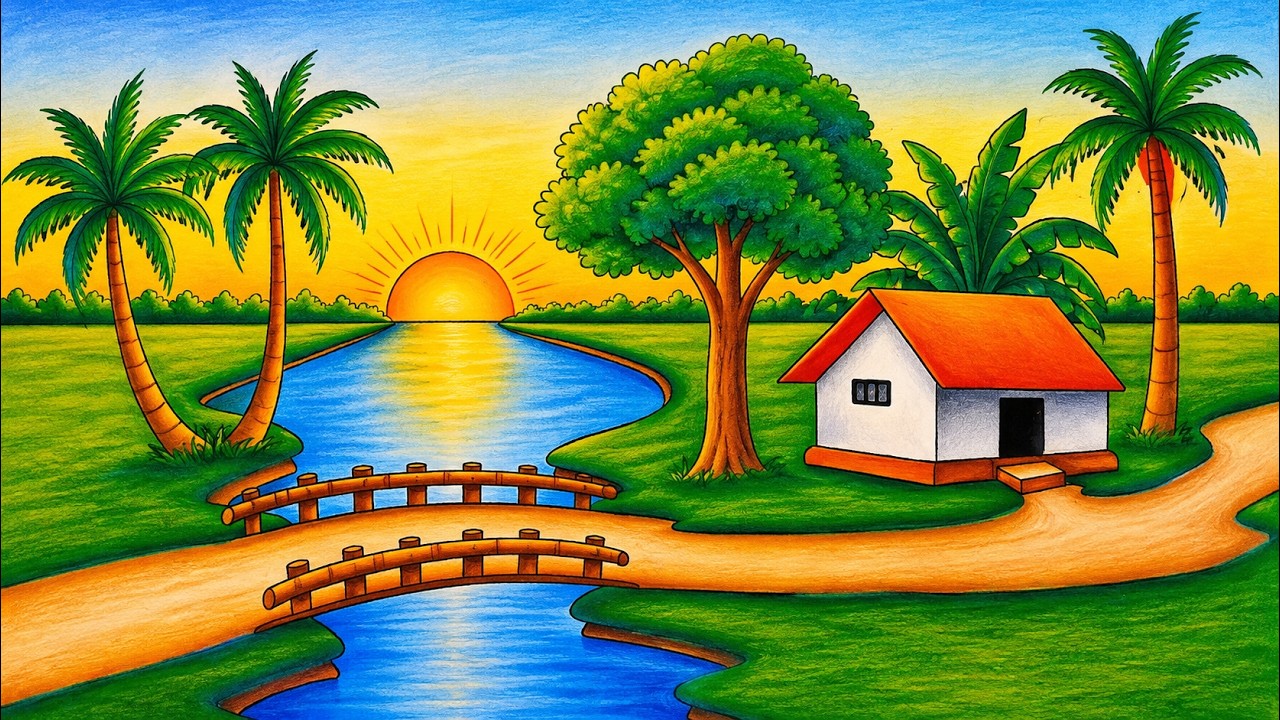 How To Draw Easy Scenery Drawing Beautiful Village Landscape Scenery ...