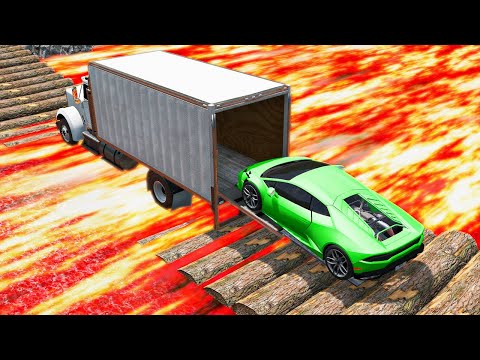 Cars and Box Upfit Truck Rescue vs Log Bridge and Lava - BeamNG.Drive | BeamNG Land TV