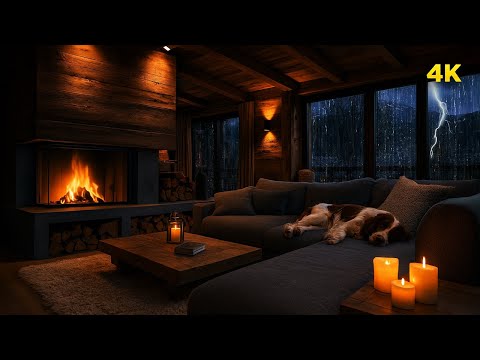 Cozy Mountain Cabin Thunderstorm Ambience | Heavy Rain, Fireplace Crackling, Sleeping Dog