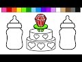 Learn Colors for Kids and Color this Ring Pop Heart Birthday Cake Baby Bottle Coloring Page