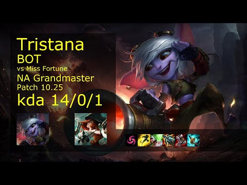 Tristana ADC vs Miss Fortune - NA Grandmaster 14/0/1 Patch 10.25 Gameplay