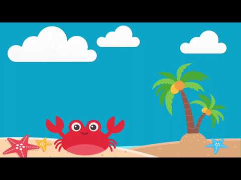 🦀🎶 Cute Beach Scene Crab Palm Tree Blue Sky Kids Cartoon Background