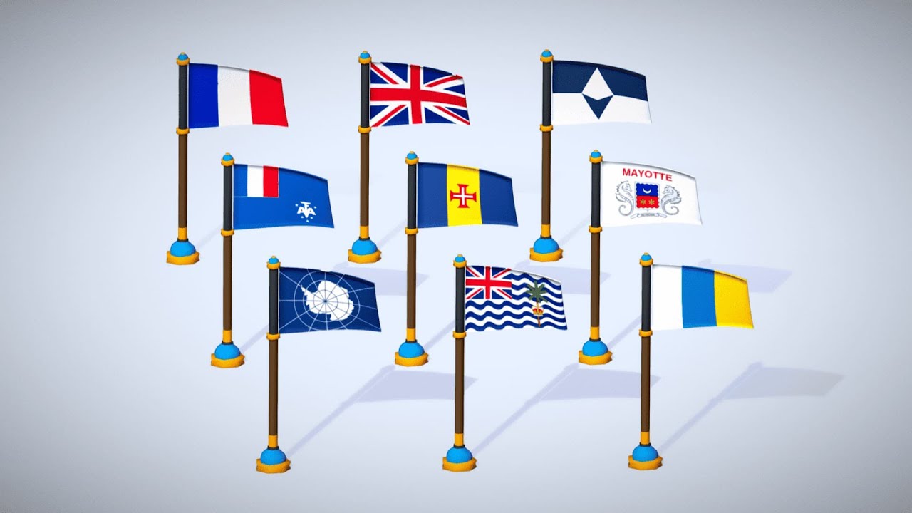 Pacchetto bandiere dei paesi antartici Stile Toon Low Poly Regione Antartide Modello 3D
