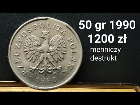 50 groszy 1990 w cenie 1200 zł za menniczy destrukt, ceny Wrzesień 2021 inwestycja w monety.