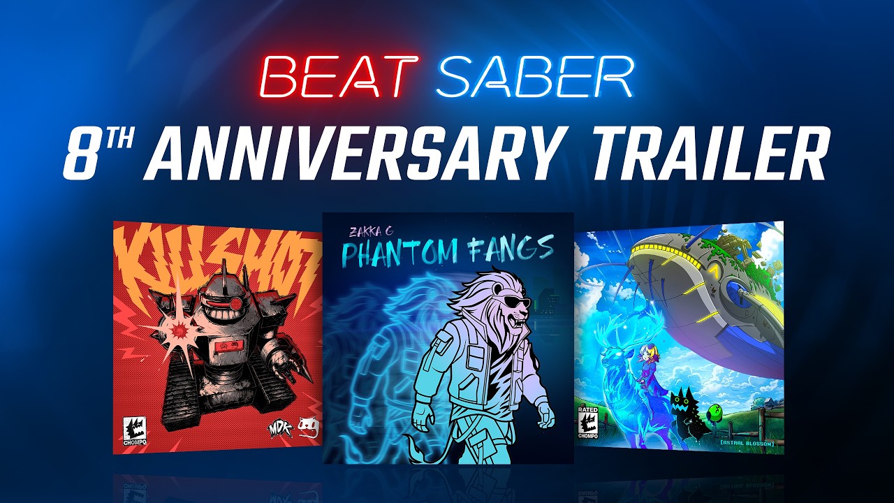 Beat Saber 8th anniversary launch showing colorful note blocks flying toward the player in rhythm