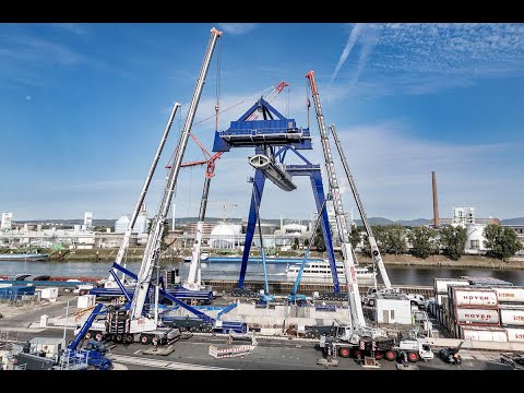 Fünffach-Hub für BKL – Portalkran-Montage mit fünf Autokranen.