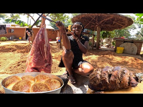 Cooking Beef with Mud| Ancient Cooking in African Village Baking Bread In Charcoal Oven 