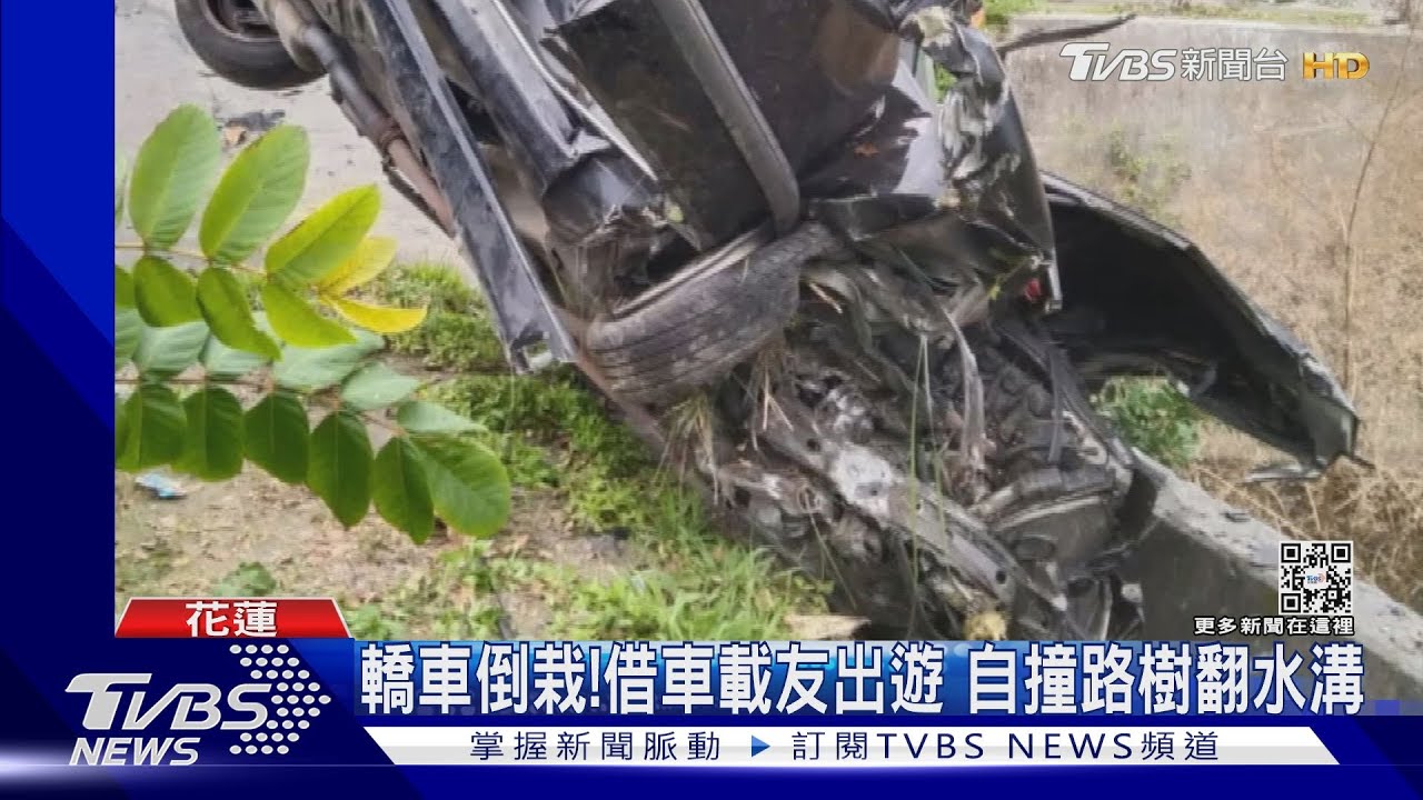 轎車倒栽！借車載友出遊　自撞路樹翻水溝