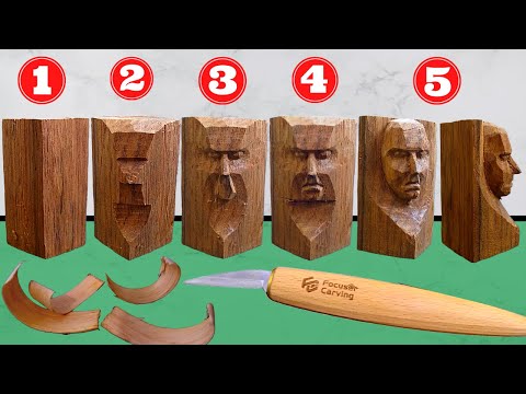5 Steps for CARVE a FACE, KNIFE ONLY,  Whittling WOOD CARVING for beginners, Focuser Carving Knives