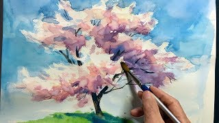 [ Eng sub ]  Watercolor Tree Painting easy tutorial #4 Cherry blossom   水彩画の基本 〜桜の樹木を描くコツ