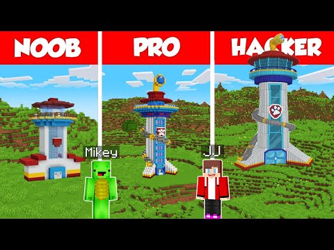 Paw Patrol Tower Build Battle Challenge - JJ vs Mikey - Noob vs Pro - Minecraft Maizen