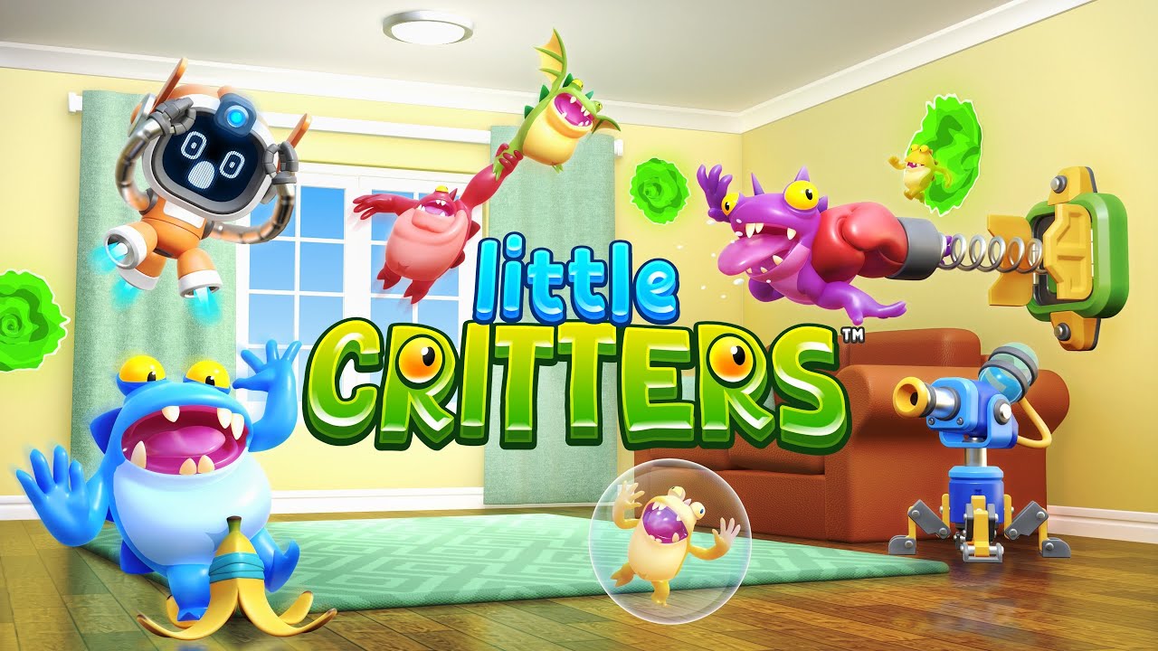 Cartoon monsters swarming through a living room around the Little Critters logo