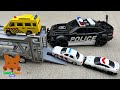 Car Carrier Takes Police Car, Ambulance to a Playground Slide! Let's Play Outside with Toy Cars!