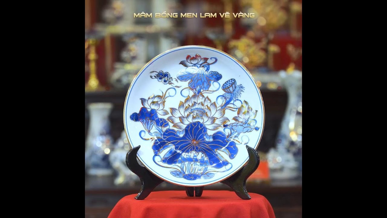 Mâm Bồng Thờ Men Lam Vẽ Vàng Họa Tiết Hoa Sen