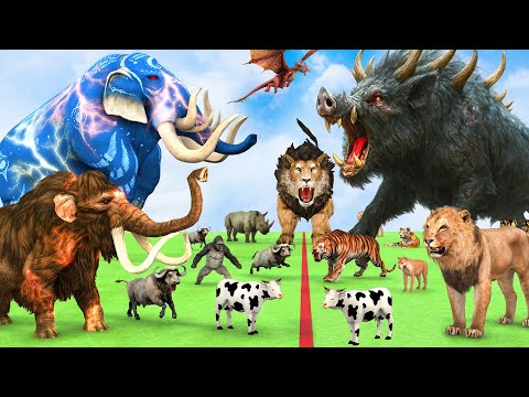 5 Giant Mammoth Elephant Cow Vs Giant Wild Boar Vs 5 Giant Lion Tiger Rhino Saved By Woolly Mammoth