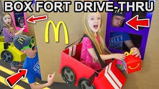 Driving to McDonalds Box Fort Drive Thru in Cardboard Box Cars and Chick Fil A!