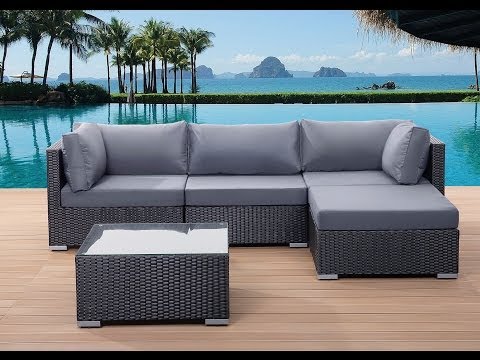 Garden Sectional Sofa w/ Square Coffee Table Black Wicker Rattan Grey Cushions Sano