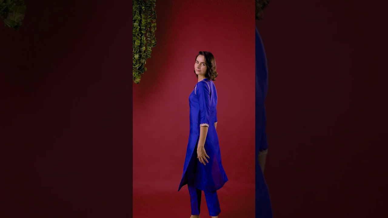 Blue silk embroidered round-neck co-ord set