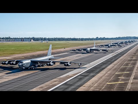 US B-52 Stratofortresses Execute Elephant Walk & Minimum Interval Takeoff in Large Formation