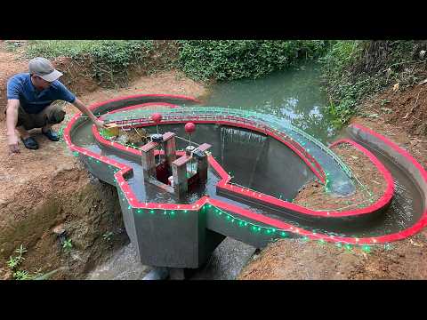 Building a mini curved hydroelectric dam with unique turbines