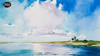 Смотреть онлайн Рисуем морской пейзаж с красивым небом акварелью