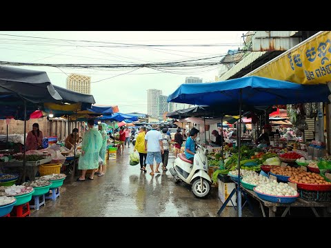 Heaven rain Chbar Ampov Market walk 4K HDR, Phnom Penh Cambodia
