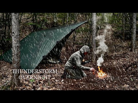 2 DAYS Solo Spring Overnight  - Diamond Tarp Shelter, Bushcraft, Night in Rainstorm - ASMR