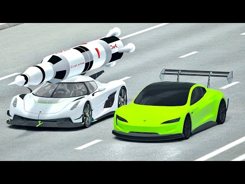 Tesla Roadster GTR vs Koengisegg Jesko with Saturn Rocket Engine - Drag Race 20 KM