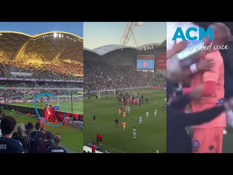 Crowd footage of soccer fans storming the pitch at the Melbourne derby