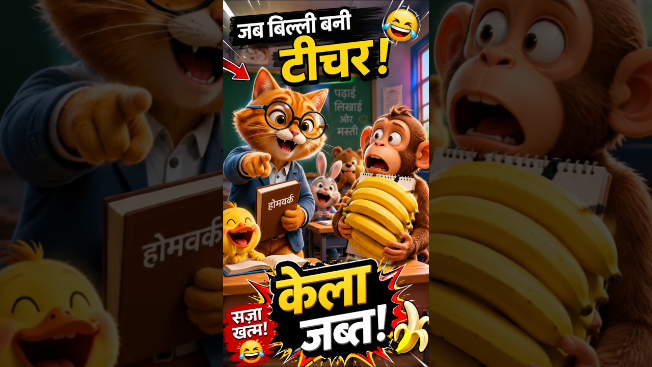 😂 बिल्ली बनी टीचर 😹 बंदर लाया होमवर्क की जगह केले!  #shorts#explore#funny #fyp #trendingshorts