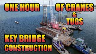Cranes and Tugboats working at the New Key Bridge Construction site in Baltimore
