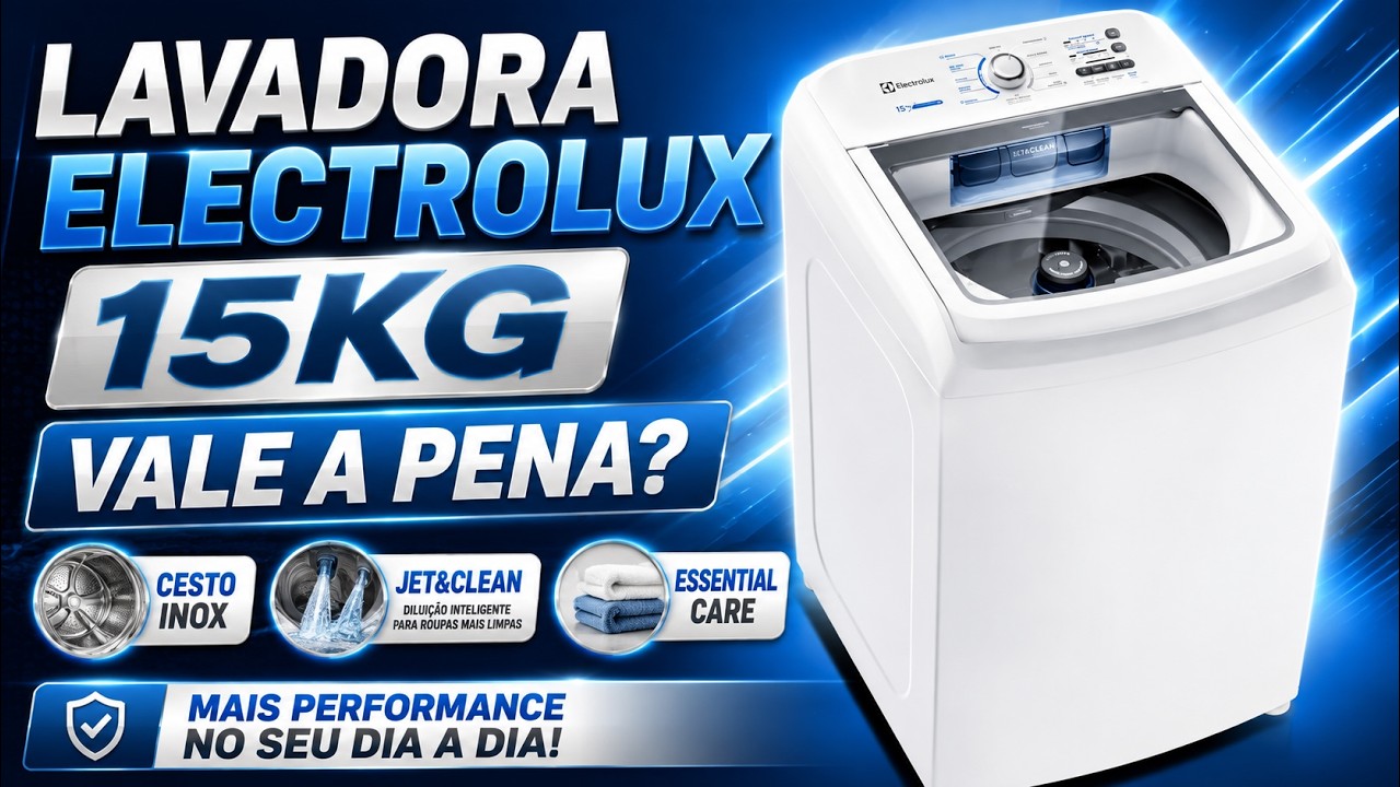 Miniatura da avaliação em vídeo de Lavadora de Roupas Electrolux Essential Care LED15 15kg Cesto Inox